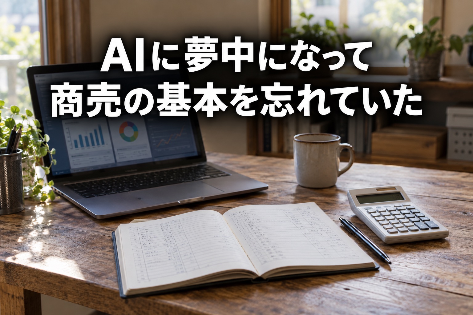 AIに夢中になって、商売の基本を忘れていた。パソコンと帳簿、電卓を並べた机のイメージ画像