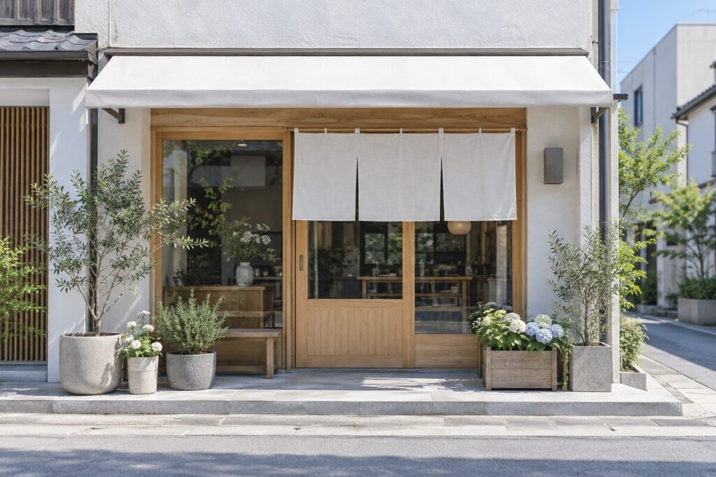 白いひさしとのれん、花と植栽のある清潔な商店の店先。