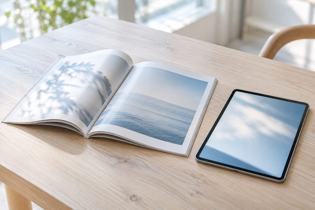 明るい木の机に、開いた雑誌とタブレットを並べた様子。
