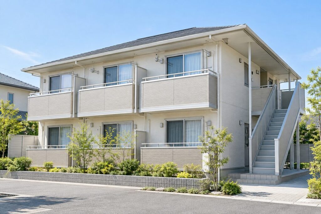 手入れされた植栽と外階段を備えた、日本の2階建て賃貸アパート。
